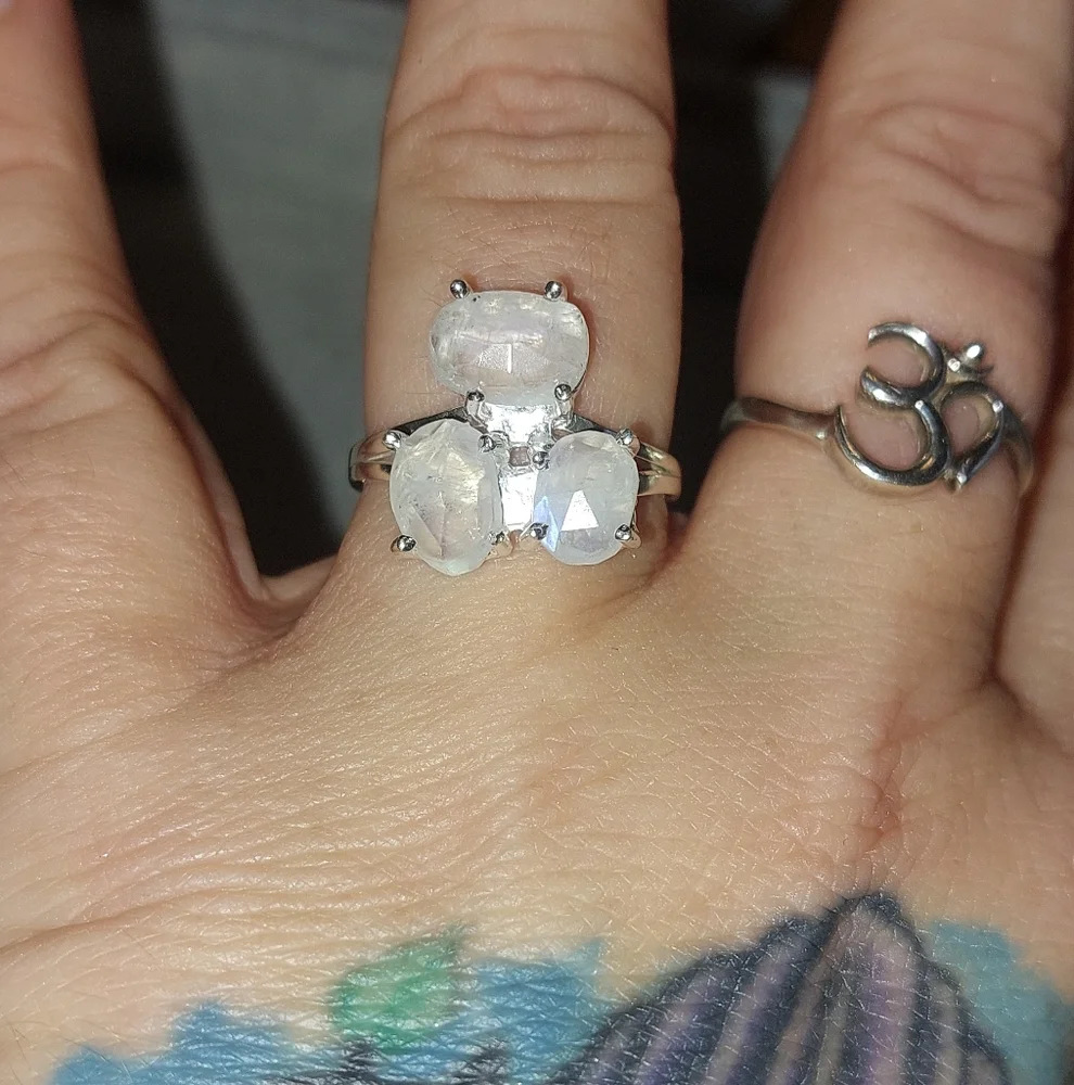 Raw Faceted Moonstone 3 Stone Ring Sterling Silver